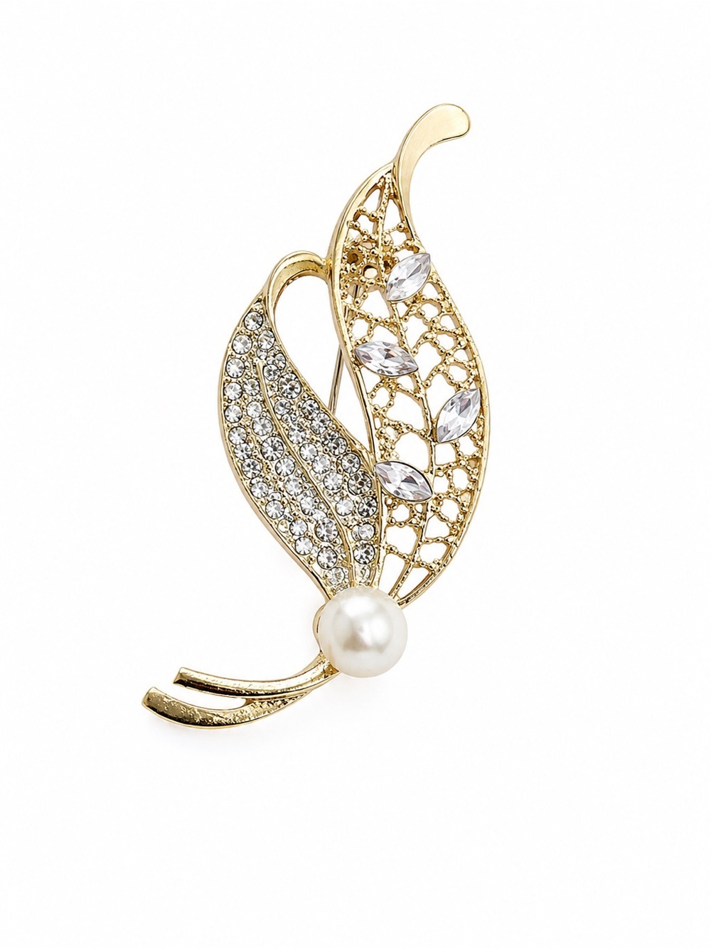 Gold Leaf Pearl Rhinestone Brooch Vintage Style Elegant Floral Pin Gift